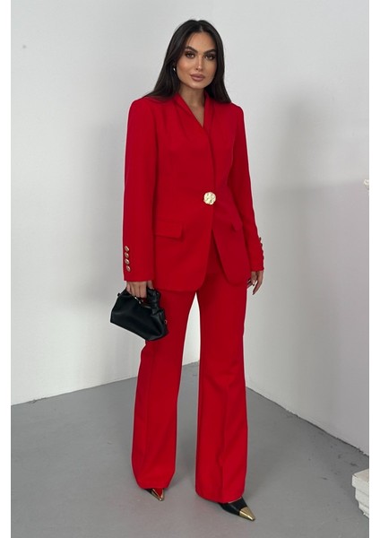 Kadın Ikili Takım Şık Düğme Detaylı Dik Yaka Blazer Ceket Bol Paça Pantolon Takım indirimleri