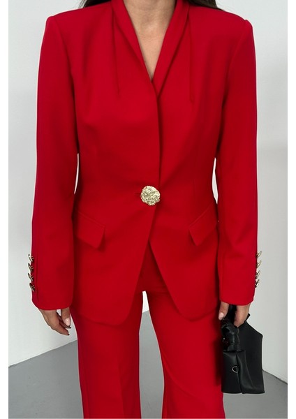 Kadın Ikili Takım Şık Düğme Detaylı Dik Yaka Blazer Ceket Bol Paça Pantolon Takım