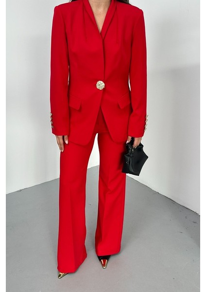 Kadın Ikili Takım Şık Düğme Detaylı Dik Yaka Blazer Ceket Bol Paça Pantolon Takım