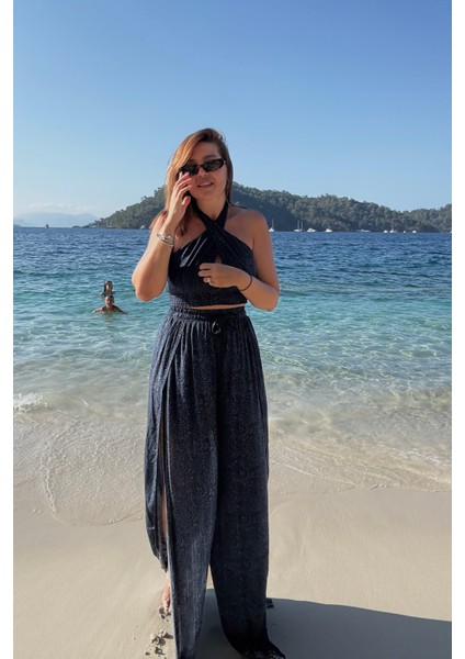 Lacivert Desenli Pantolon Bluz Takım