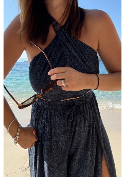 Lacivert Desenli Pantolon Bluz Takım indirimleri