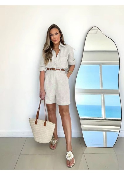 Keten Yazlık Uzun Kol Gömlek Şort Ikili Takım