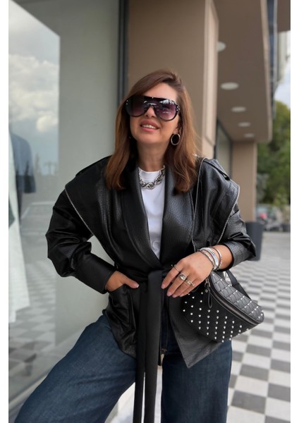 Siyah Fermuar Detaylı Deri Ceket modelleri