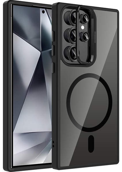 Galaxy S24 Ultra Kılıf Standlı ve Kamera Lens Hediyeli M-Safe Şarj Özellikli Inc Etro Kapak - Siyah