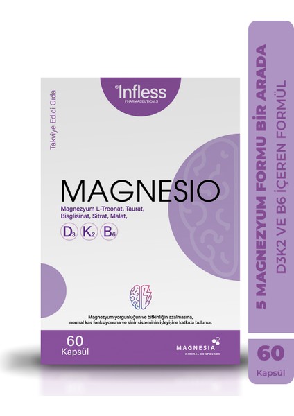 Magnesio, Magnezyum Kompleks B6 ve D3K2 Vitamin (L-Threonat, Taurat, Glisinat, Sitrat,malat)