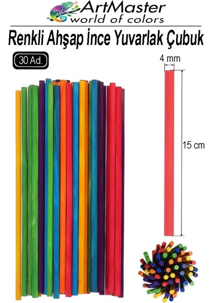 Renkli Ahşap Ince Yuvarlak Çubuk 15 cm 30 Lu 1 Paket Hobi Sınıf Tasarım Etkinlik Okul Öncesi Oyun Çubukları