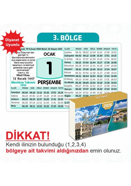 Mevlana 2026 Yapraklı Blok Duvar Takvimi – Mavi, 13x8.5 cm, Ayet ve Hadisli, 3. Bölge Dağıtım, 1 Adet