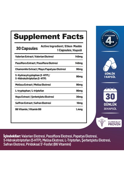Calm Passiflora, Safran, 5-Htp, Valerian, 9 İçerik (30 Günlük) 30 Kapsül fiyatları