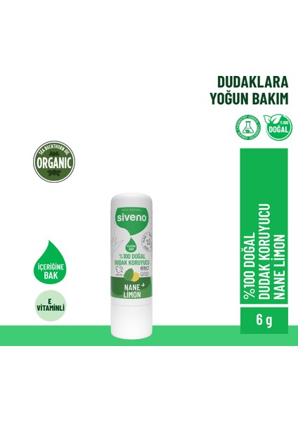 Doğal Dudak Koruyucu Nane & Limon Bitkisel Lipbalm Krem Nemlendirici Parlatıcı Onarıcı 6 G