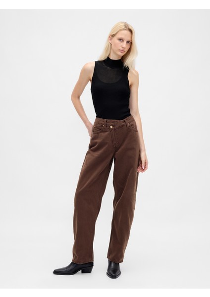Kadın Kahverengi High Rise Ultrasoft Crossover Barrel Jean Pantolon