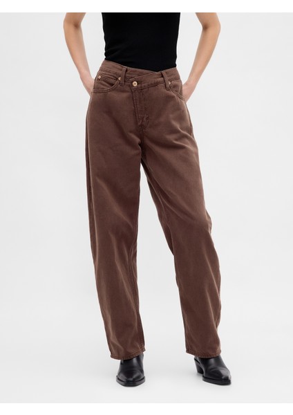 Kadın Kahverengi High Rise Ultrasoft Crossover Barrel Jean Pantolon