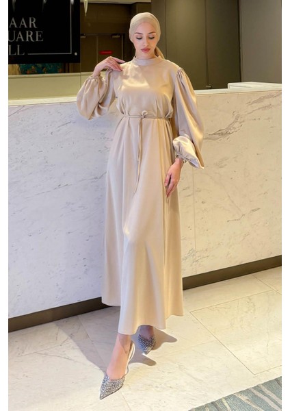 Balon Kol Belden Bağlama Detaylı Saten Abiye- Bej