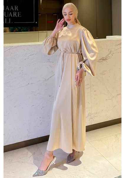 Balon Kol Belden Bağlama Detaylı Saten Abiye- Bej fiyatları