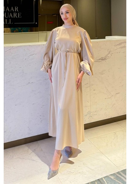 Balon Kol Belden Bağlama Detaylı Saten Abiye- Bej fırsatları