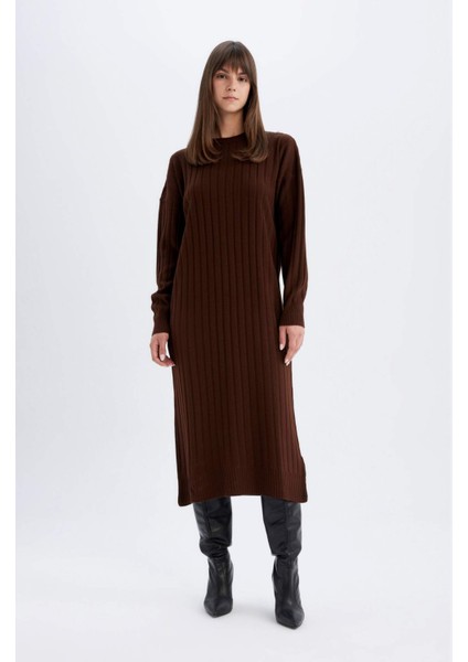 Regular Fit Yarım Balıkçı Yaka Basic Düz Uzun Kollu Triko Elbise