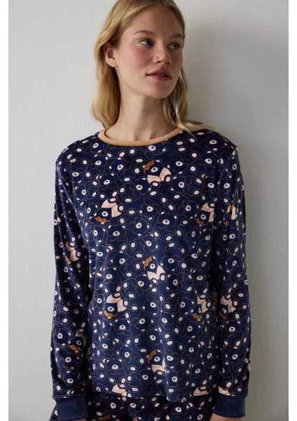 Lacivert Ayı Desenli Sweatshirt Pijama Üstü
