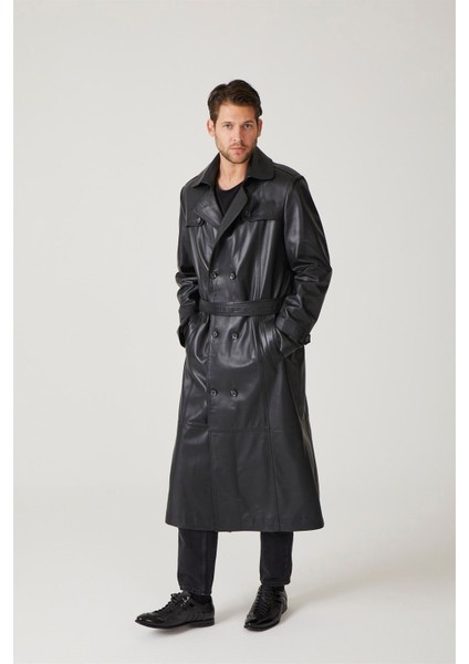 Siyah Matrix Hakiki Deri Kruvaze Düğme Kapamalı Yırtmaçlı Astarlı Kemerli Trençkot Erkek Kaban modelleri