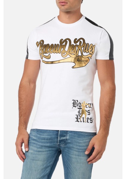 White T-Shirt With Faux Leather Details White-Gold