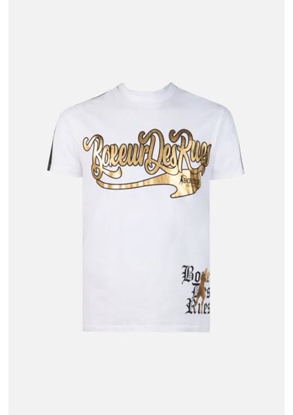 White T-Shirt With Faux Leather Details White-Gold fiyatları