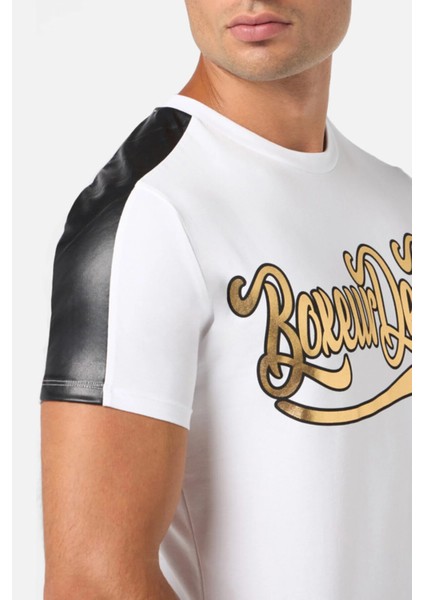 White T-Shirt With Faux Leather Details White-Gold fırsatları