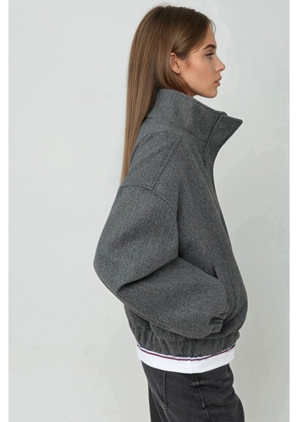 Kadın Oversize Dik Yaka Kaşe Ceket Koyu Gri modelleri