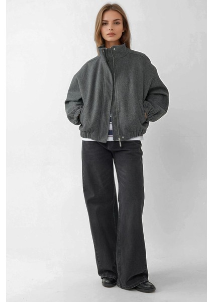 Kadın Oversize Dik Yaka Kaşe Ceket Koyu Gri
