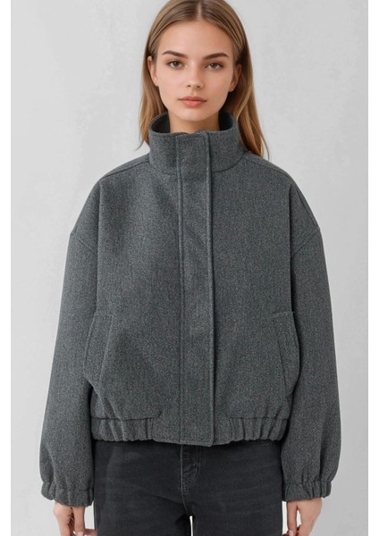 Kadın Oversize Dik Yaka Kaşe Ceket Koyu Gri