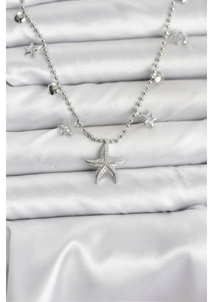 Pirinç Gümüş Renk Zirkon Taşlı Deniz Yıldızı Model Kadın Kolye
