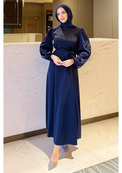 Balon Kol Belden Bağlama Detaylı Saten Abiye- Lacivert