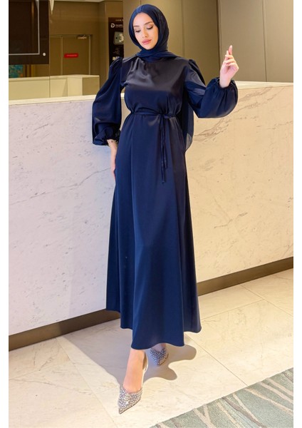 Balon Kol Belden Bağlama Detaylı Saten Abiye- Lacivert fiyatları
