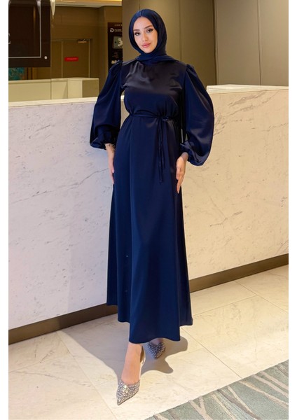 Balon Kol Belden Bağlama Detaylı Saten Abiye- Lacivert modelleri