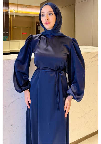 Balon Kol Belden Bağlama Detaylı Saten Abiye- Lacivert fırsatları