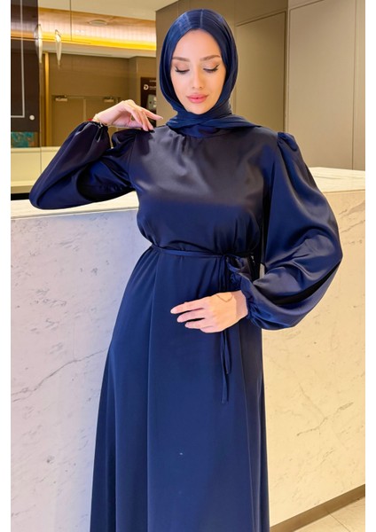 Balon Kol Belden Bağlama Detaylı Saten Abiye- Lacivert indirimleri