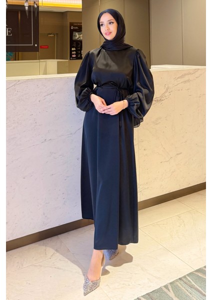 Balon Kol Belden Bağlama Detaylı Saten Abiye- Siyah