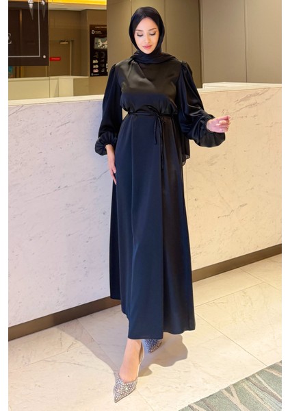 Balon Kol Belden Bağlama Detaylı Saten Abiye- Siyah modelleri