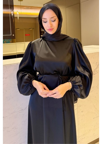 Balon Kol Belden Bağlama Detaylı Saten Abiye- Siyah fırsatları