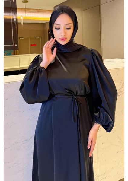 Balon Kol Belden Bağlama Detaylı Saten Abiye- Siyah indirimleri