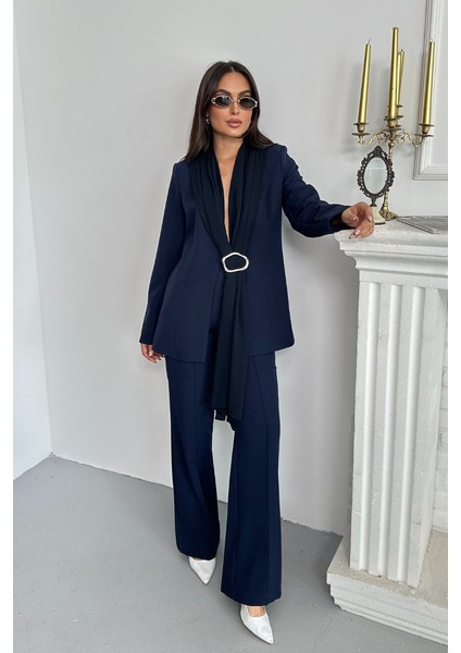 Kadın Ikili Alt Üst Takım Şık Şal Yaka Tokalı Ceket Bol Paça Pantolon Takım