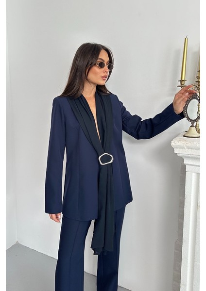 Kadın Ikili Alt Üst Takım Şık Şal Yaka Tokalı Ceket Bol Paça Pantolon Takım fiyatları