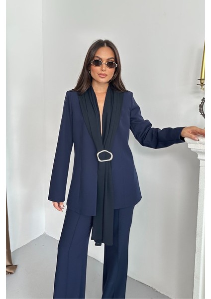 Kadın Ikili Alt Üst Takım Şık Şal Yaka Tokalı Ceket Bol Paça Pantolon Takım modelleri