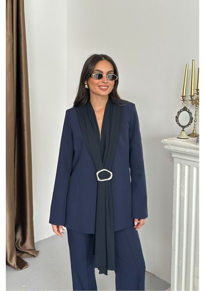 Kadın Ikili Alt Üst Takım Şık Şal Yaka Tokalı Ceket Bol Paça Pantolon Takım fırsatları