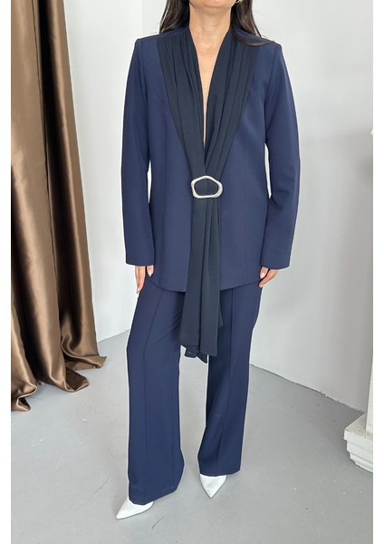 Kadın Ikili Alt Üst Takım Şık Şal Yaka Tokalı Ceket Bol Paça Pantolon Takım indirimleri