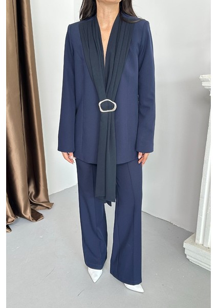 Kadın Ikili Alt Üst Takım Şık Şal Yaka Tokalı Ceket Bol Paça Pantolon Takım