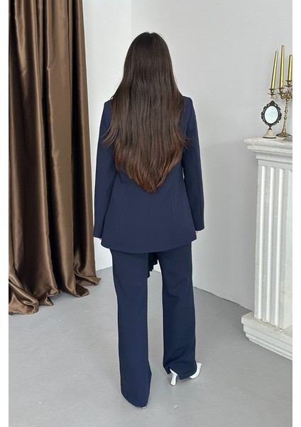 Kadın Ikili Alt Üst Takım Şık Şal Yaka Tokalı Ceket Bol Paça Pantolon Takım