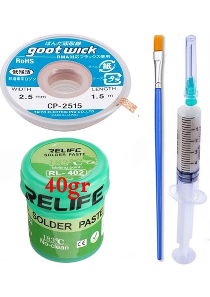 Relıfe RL-402/ Krem Lehim Paste 183°C 40G Flux Lehim Toplama ve Cp 2515 Lehim Emme Teli Elektronikçi Yardımcı SETI03