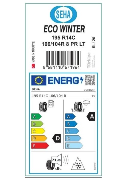195/R14C 106/104R SL120 Talas Hafif Ticari Kış Lastiği (Üretim: 2025) fiyatları