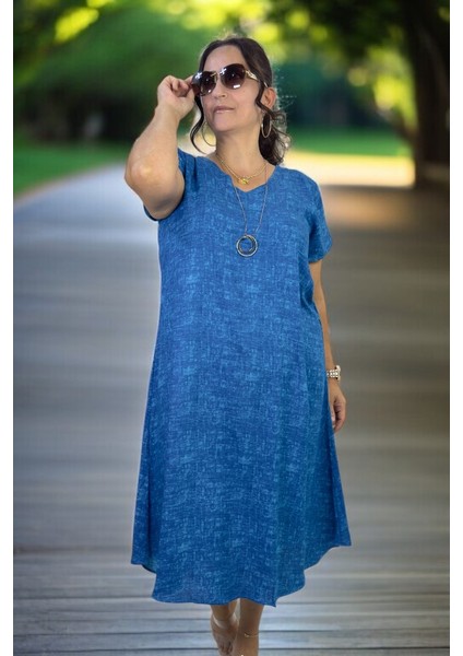 Kısa Kol V Yaka Rahat Kesim Pamuklu Viskon Çan Kesim Büyük Beden Elbise