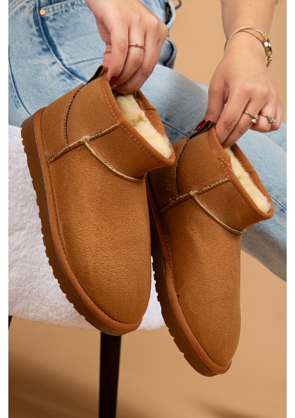 Kadın Kışlık Bot Süet Içi Yünlü Kürklü Ince Tabanlı Bilek Boy Kısa Mini Ug Bot