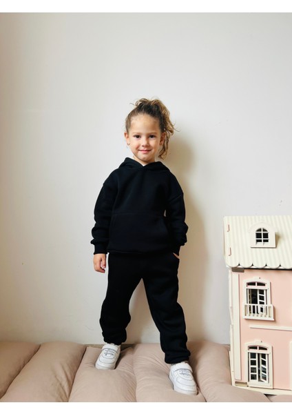 Erkek / Kız Çocuk Eşofman Takımı Kanguru Cepli Kapüşonlu 3 Iplik Şardonlu Siyah