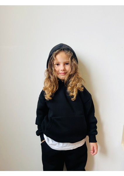 Erkek / Kız Çocuk Eşofman Takımı Kanguru Cepli Kapüşonlu 3 Iplik Şardonlu Siyah fiyatları